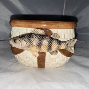 Vintage Napco Planter Ceramic Fishing Basket w Trout Fish Brown Trim